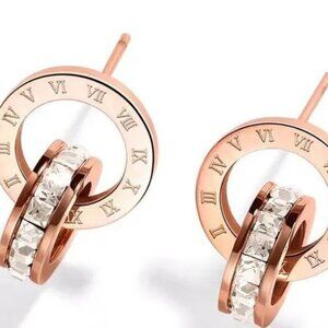 ROSE GOLD CIRCLE IN CIRCLE STUD EARRINGS WITH ROMAN NUMERALS ANS CUBIC Z…